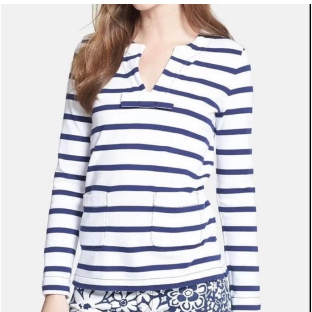 Kate Spade Top Pullover V-neck Long Sleeve Pockets Navy and White Stripes Med
